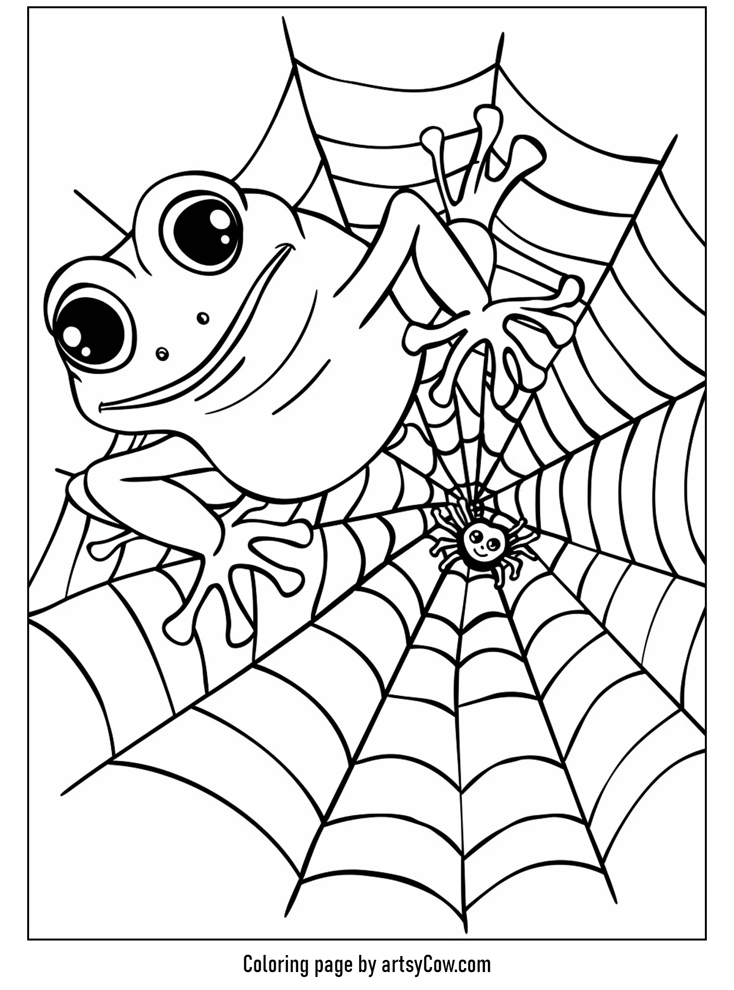 a frog entangled in a spider's web with a cheerful spider